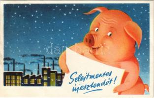 Selejtmentes újesztendőt! Szocreál újévi üdvözlet. Művészeti Alkotások / Hungarian Socialist New Year greeting with pig and factory (fa)