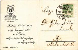 1923 Budapest V. Hotel Dunapalota Ritz szálloda. "Farsangi estélyek a Ritzben minden csütörtökö...