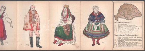 cca 1930 Orbis Pictus Hungaricus, Magyar népviselet / Hungarian Volk's Costumes, leporelló 14 színezett képpel (szign.: Horváth Jenő) + Nagy-Magyarország ábrázolással és képjegyzékkel, egyenként: 14x9 cm