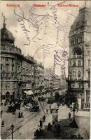 1910 Budapest VIII. Rákóczi út és József körút sarka (Blaha Lujza tér), Takarékpénztár, drogéria, villamosok