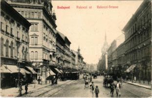 1907 Budapest VII. Rákóczi út, villamos, Hotel Metropol szálloda, üzletek, háttérben a Keleti pályaudvar, vasútállomás. Taussig A. 6676. (EK)