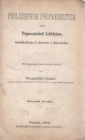 Purgstaller József:  Philosophiai propaedeutica azaz Tapasztalati lélektan, Gondolkozástan és Bevezetés a bölcsészetbe. Fel-gymnasiumi tankönyvül írta Purgstaller József. Pesten, 1860. Hartleben Konrád Ádolf sajátja (Nyomtotta Sommer Lipót Bécsben). [4] + 159 + [1] p. Purgstaller József (1806-1867) piarista szerzetes, bölcseleti doktor, akadémiai tag, a piarista rend tartományfőnökének filozófiai értekezése először 1851-ben jelent meg, példányunk a második kiadásból származik. A munka első, lélektani tanulmánya századközépi módon értelmezi az emberi lélek és tudat alkatelemeit, az emlékezet, a képzelet, az asszociáció, a kedély, az indulatok, a szenvedélyek, ösztönök típusait. Purgstaller József értekezése segít a 19. századi közbeszéd egyes lélektani fogalmainak eredeti kontextus szerinti értelmezésében; ezeknek a fogalmaknak (például a kedély fogalmának) a jelentésköre mára teljesen átalakult. A lélektani értekezés kitér az akarat, az erény kérdéseire, a véralkat szerinti felosztásra, és olyan lélektani jelenségek nyomába ered, mint amilyen az álom, az ábrándozás és az elmeháborodás. Az értekezés második része bevezető a formális logikába, harmadik része pedig a tudományok felosztásának 1850 körüli látóhatárát rögzíti. Fűzve, kézzel feliratozott, enyhén foltos korabeli borítóban, márványmintás festésű lapszélekkel, az első borítón régi tulajdonosi bejegyzés. Jó példány.