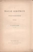 Károlyi Árpád:  A magyar alkotmány fölfüggesztése 1673-ban. Budapest, 1883. Magyar Tudományos Akadémia (Athenaeum Rt. ny.) 68 p. Károlyi Árpád (1853-1940) történész, levéltáros, főként a 16-17. századi magyar és erdélyi politikatörténettel foglalkozott, bécsi levéltári források alapján. Példányunk fűzése laza, az első borítón régi gyűjteményi bélyegzés és katalógusszám. (Értekezések a történelmi tudományok köréből. XI. kötet, III. szám.) Pamlényi 99. o. Fűzve, sérült, hiányos, javított kiadói borítóban.