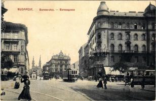 1917 Budapest VIII. Baross utca, József körút kereszteződés, villamosok, Bodó kávéház