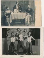 2 db régi cirkusz motívum képeslap: bohóc, akrobaták / 2 pre-1945 circus motive postcards: William Troupe Comedy-Acrobats, clown, 3 Jackies