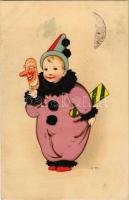 1917 Gyerek bohóc maszkban / Child in clown mask. Meissner & Buch Künstler-Postkarten Serie 2005. "Faschingstreiben" litho s: F.B. (fl)