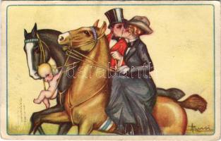 1929 Lovas szerelem, Ámor / Italian romantic couple art postcard, horse riders, kissing, cupid. 712-4. s: Busi (EK)