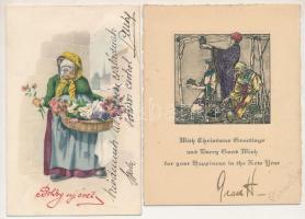 2 db régi üdvözlő képeslap: karácsony, újév / 2 pre-1945 holiday greeting postcards: Christmas, New Year