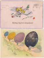 2 db régi üdvözlő képeslap: húsvét, törpék / 2 pre-1945 holiday greeting postcards: Easter, dwarves