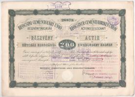 1906 Budapest "Beocsini Cementgyári Unió Részvénytársaság" részvénye 200K-ról, magyar és n...