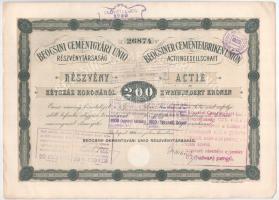 1906 Budapest "Beocsini Cementgyári Unió Részvénytársaság" részvénye 200K-ról, magyar és n...