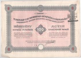 Budapest 1941. "Magyar Czukoripar-Részvénytársaság" részvénye 100P-ról szelvényekkel, szár...