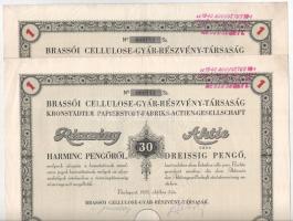 Budapest 1935. "Brassói Cellulose-Gyár-Részvény-Társaság" részvénye 30P-ről, német és magyar nyelven bélyegzéssel, szárazpecséttel, szelvényekkel (2x) sorszámkövetők T:F