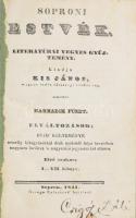 Kis János: Soproni Estvék. III. füzet. Literatúrai vegyes gyűjtemény. Kiadja Kis János. Sopron, 1841, Özvegy Kulcsárné' betűivel, 4+293 [helyesen 292] p. Korabeli egészvászon-kötésben, kopott, foltos borítóval, névbejegyzéssel. Ritka!   Kis János (1770-1846) evangélikus lelkész, a Dunántúli evangélikus egyházkerület szuperintendense (azaz püspöke) 1812-től haláláig, költő, műfordító.  Korának egyik érdekes, rendkívül sokoldalú alakja volt. Költői és műfordítói tevékenysége mellett sokat tett az irodalmi élet fejlesztéséért: a Soproni Magyar Társaság alapítója, az Akadémia tagja és számos ismeretterjesztő mű kiadója is volt. Berzsenyi felfedezőjeként is emlegetik. E munkájában saját verseit és fordításait adta közre. 1841-ben két füzete is napvilágot látott, 1842-43-ban nem jelent meg.