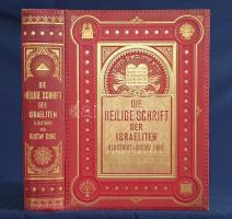 Die Heilige Schrift der Israeliten, in deutscher Übertragung von Ludwig Philippson. Mit einhundert vier ung fünfzig Bildern von Gustav Doré. Erster-Zweiter Band. (Német nyelvű, illusztrált héber Biblia.) [Teljes, egybekötve.] Stuttgart, (1874). Druck und Verlag von Eduard Hallberger. 1 t. (hártyapapírral védett címkép) + [10] p. + 496 hasáb + 102 t. (hártyapapírral védett); [6] p. + 802 + [2] hasáb + 51 t. (hártyapapírral védett). Folio. Első illusztrált foliokiadás. A német nyelvre fordított, reprezentatív, gazdagon illusztrált családi Ószövetség - mely az Ószövetségen kívül az ószövetségi apokrif iratokat is tartalmazza a Makkabeusok könyveitől Manassé énekéig - a következő beosztás szerint tagozódik: Die fünf Bücher Moses - Die Ersten Propheten - Die späteren Propheten - Die Hagiographen - Anhang: Die Apokryphen. Nach dem griechischen texte übersetzt von D. Cassel. A kötet szerkesztője Ludwig Philippson (1811-1889) hebraista, filológus, szerkesztő, folyóirat-alapító, a magdeburgi zsidó közösség rabbija. 1839-től dolgozott német-héber nyelvű, kommentált Ószövetség-kiadásán, mely szokatlan módon illusztrációkat és kultúrtörténeti jegyzeteket is tartalmazott, a kötet először 1853-ban jelent meg. Példányunk e korábbi, tudós szellemű munkának családi használatra átdolgozott, reprezentatív kiadásából származik, mely a fejlécek kivételével elhagyja a héber szöveget és a jegyzetapparátust, viszont immár Gustave Doré 154 illusztrációja kíséri az írásokat, kéthasábos szövegoldalakon. Az oldalak hasábjait középen függőleges könyvdíszek tagolják, melyek tizennyolc oldalanként ismétlődve a zsidó hagyomány fontos motívumait ábrázolják (Mózes kőtáblái, Júda oroszlánja, tóratekercs, kerubok, koronák, kígyószörnyek és virágmotívumok). Az első előzéken könyvkötői könyvjegy. Példányunk első íveinek fűzése enyhén meglazult, újrakezdődő lapszámozása szerinti 6. íve (azaz két levele) hiányzik, táblái viszont hiánytalanok. A címnegyedív előtt négy, a családi események feljegyzésére szolgáló, gazdagon illusztrált, kitöltetlen tábla. Díszesen aranyozott, dombornyomásos, fatáblás kiadói félbőr kötésben, a gazdagon aranyozott első kötéstáblán többszörös aranyozott, csillagmotívumokkal díszített keretben a héber hagyományból származó illusztrációkkal és gazdagon aranyozott címfelirattal, aranyozott festésű lapszélekkel. Dekoratív, szép példány.