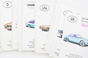 1977 Autó kvartett játékkártya, 33 db, eredeti dobozában, jó állapotban