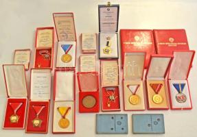 14db-os vegyes szocialista kitüntetés tétel tokokkal, 2db adományozói és 2db katonai igazolvánnyal, közte "Kiváló Dolgozó" kitüntetések, ~1970. "Az Építőipar Kiváló Dolgozója" aranyozott, részben műgyantás kitüntetés miniatűrrel, hátoldalán "Vincze Dénes" gyártói jelzéssel, eredeti tokban