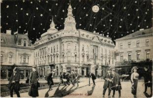 1913 Kolozsvár, Cluj; éjjeli humoros montázs részeg férfiakkal, Tauffer Dezső, Schefer, Schuster üzlete. Ujhelyi és Boros kiadása / Montage with drunk men at night, humour, shops