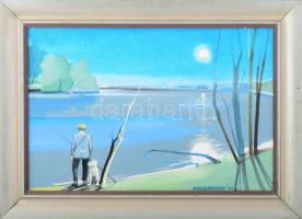 Neuberger István (1953-): "Mártélyi Tisza-holtág" (Pecás kutyájával), 2024. Akril, farost. Jelezve jobbra lent: Neuberger 24. Hátoldalán címkén Neuberger István autográf feliratával. Dekoratív fakeretben. 36x54 cm / István Neuberger (1953-): Bycicle riders. Oil on wood fiber, Signed lower right: Neuberger 24. With autograph description on a label on the reverse. Framed. 36x54 cm.