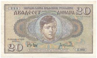 Jugoszlávia 1936. 20D nyomdahibás, mindkét oldalon hiányos, halovány nyomat T:AU  Yugoslavia 1936. 20 Dinara both sides with faint, partial print printing error C:AU Krause P#30