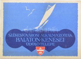 Székesfővárosi Alkalmazottak Balaton-kenesei Üdülőtelepe. [Bp.], Székesfővárosi Házinyomda, 1+8 sztl. lev. Fekete-fehér illusztrációkkal, alaprajzzal. Hajó és vasúti menetrenddel. Kiadói illusztrált papírkötés.