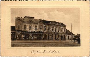 1915 Nagykőrös, Kossuth Lajos tér, Nádas Soma, Károlyi, Kertész Gyula, Révész Lajos, Schiffer Márton, Székely Albert üzlete és saját kiadása (EK)