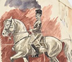 Jelzés nélkül, 11 db mű: Lovas, lósport, lovaskatona, huszár témájú rajzok. Klf. technikák, papír v....