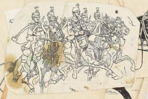 Jelzés nélkül, 11 db mű: Lovas, lósport, lovaskatona, huszár témájú rajzok. Klf. technikák, papír v....