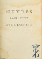 Rousseau, [Jean-Jacques]: Oeuvres complettes de - - , Citoyen de Geneve. Nouvelle édition. Tome trente-troisieme. Paris, 1793, Bélin-Caille-Grégoire-Volland, 287 p. Francia nyelven. Korabeli, aranyozott gerincű egészbőr-kötésben, kissé viseltes, kopottas borítóval, helyenként lapszéli ázásnyomokkal, az előzéklapon nemesi koronás, monogramos bélyegzővel.