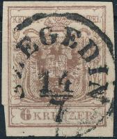 1850 6kr MP III üreges nyomat, lemezhiba a koronában, kiemelt sas &quot;SZEGEDIN&quot;