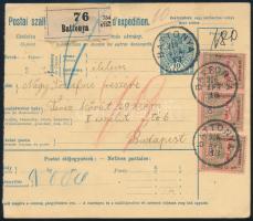 1916 Csomagszállító 3 db rövid felülnyomású Hadisegély 60f bélyeggel bérmentesítve / 3 x Mi 175 I on percel card BATTONYA