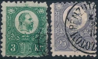 1871 Réznyomat 3kr és 25kr elfogazott bélyegek