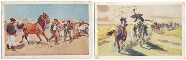 2 db RÉGI Benyovszky folklór művész képeslap: magyar népéletből / 2 pre-1945 Hungarian folklore art postcards signed by Benyovszky