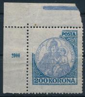 1921 Koronás Madonna 200K ívsarki bélyeg rendkívül látványos kitakarás miatti részleges színhiánnyal. Nagyon ritka! R! (hajtott, rozsda / folded, stain)