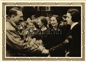 Adolf Hitler with members of the League of German Girls (girls' wing of the Nazi Party youth movement Hitlerjugend), NSDAP propaganda, Nazi swastika. 6+19 Ga. + "50. Geburtstag des Führers 20. 4. 1939. WIEN Deutsch die Ostmark"