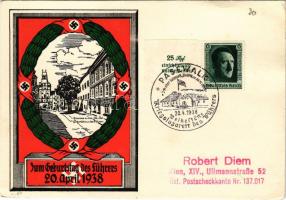 1938 Zum Geburtstag des Führers. Braunau am Inn, Geburtshaus des Führers / Birthday and birthplace of Adolf Hitler, NSDAP German Nazi Party propaganda, swastika + "Pasewalk Weihestätte Kriegslazarett des Führers 20. 4. 1938" So. Stpl. (EK)