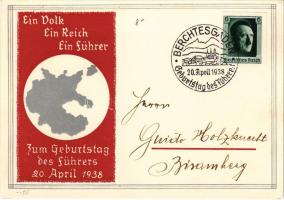 Ein Volk Ein Reich Ein Führer. Zum Geburtstag des Führers 20. April 1938 / Birthday anniversary of Adolf Hitler + "Berchtesgaden Geburtstag des Führers 20. April 1938" So. Stpl.