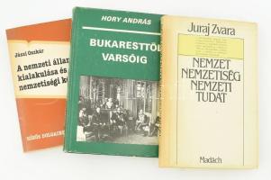 Vegyes könyvtétel, 3 db:   Juraj Zvara: Nemzet, nemzetiség, nemzeti tudat. Ford.: Dósa László. Bratislava/Pozsony, 1985, Madách. Kiadói egészvászon-kötés, kiadói papír védőborítóban.;   Hory András: Bukaresttől Varsóig. Sajtó alá rendezte, a bevezető tanulmányt írta, magyarázó jegyzetekkel ellátta: Pritz Pál. Bp., 1987., Gondolat. Kiadói papírkötés, kopott borítóval.;   Jászi Oszkár: A nemzeti államok kialakulása és a nemzetiségi kérdés. Válogatás. Bevezette, vál. és jegyzetekkel ellátta: Litván György. Közös Dolgaink. Bp., 1986., Gondolat. Kiadói papírkötés.