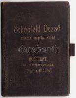 cca 1920-1930 Schönfeld Dezső műszaki nagykereskedő (Bp. VI., Csengery u. 88.) aranyozott bőr füzet/notesz borító, korának megfelelő állapotban, 18,5x13,5 cm