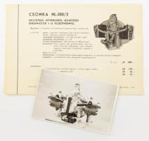 cca 1940 Csonka NL-300/2 négyütemű, kéthengeres benzinmotor prospektus, Bp., Mérnökök Nyomdája + a motorról készült fotólap, 8,5x13,5 cm