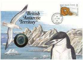 Nagy-Britannia 1990. 5p Brit Antarktiszi Terület érmés borítékban, bélyegzéses bélyeggel, német nyelvű leírással T:UNC  Great Britain 1990. 5 Pence in British Antarctic Territory coin envelope with stamp and cancellation, with German description C:UNC