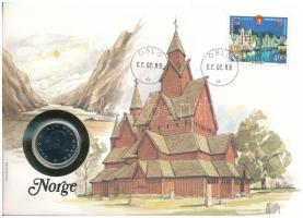 Norvégia 1988. 1K Cu-Ni felbélyegzett borítékban, bélyegzéssel, német nyelvű leírással T:UNC Norway 1988. 1 Krone Cu-Ni in envelope with stamp, cancellation and a prospectus in german C:UNC