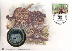 Belize DN (1991) &quot;A Világ Vadvédelmi Alap (WWF) 30. évfordulója - Panthera Onca (Jaguár)&quot; kétoldalas fém emlékérem érmés borítékban, bélyeggel és bélyegzéssel, német nyelvű ismertetővel T:PP patina Belize ND (1991) &quot;30th Anniversary of the World Wildlife Fund - Panthera Onca&quot; two-sided metal commemorative medallion in envelope with stamp and cancellation, with German description C:PP patina