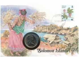 Salamon-szigetek 1977. 20c Cu-Ni &quot;II. Erzsébet&quot; felbélyegzett borítékban, bélyegzéssel, német nyelvű leírással T:UNC patina Solomon Islands 1977. 20 Cents Cu-Ni &quot;Elizabeth II&quot; in envelope with stamp and cancellation, with German description C:UNC patina