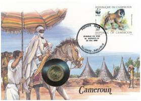 Közép-afrikai Államok 1983. 5Fr Al-bronz &quot;Kamerun&quot; érmés borítékban, Egyenlítői Guinea bélyeggel és bélyegzéssel, német nyelvű leírással T:UNC  Central African States 1983. 5 Franc Al-bronze &quot;Cameroon&quot; envelope with stamp cancellation and prospectus in GermanC:UNC