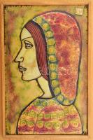 Lőrincz Vitus (1933-): Mária. Tűzzománc kép, jelzett, fa keretben, 24x15 cm