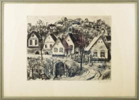 Bordás Ferenc (1911-1982): Tájkép házakkal. Rézkarc, papír, jelzett Üvegezett fa keretben, 29x38 cm