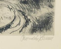 Bordás Ferenc (1911-1982): Tájkép házakkal. Rézkarc, papír, jelzett Üvegezett fa keretben, 29x38 cm