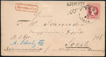 1869 5kr díjjegyes ajánlott boríték, hátoldalon 2 x 5kr kiegészítéssel / Registered 5kr PS-cover with 2 x 5kr additional franking PEST / VASP. - Soest