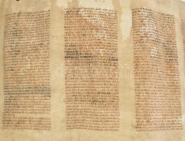 József és a fáraó története. Tóra töredék, állati bőrből készített pergamenen, foltokkal, feltekerve...